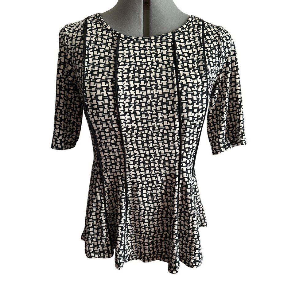 Ilu Ilu Womens Geometric Print Black & Beige Short Sleeve Peplum Blouse PS